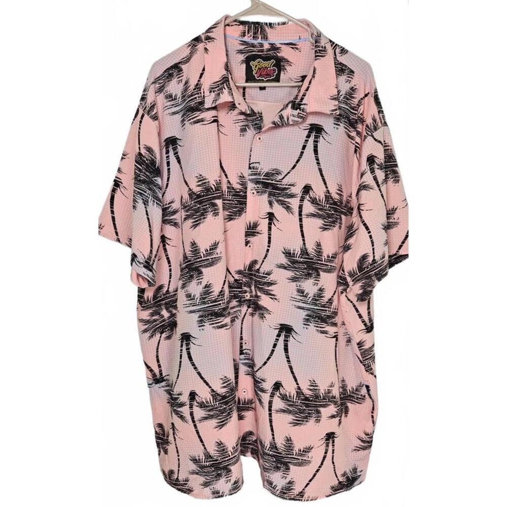Good Vibes Drill Clothing Co Men's Pink Hawaiian Shirt with Palm‎ Tree Print 4XL